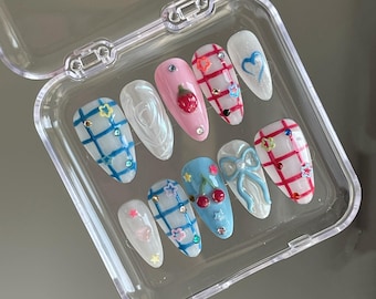 Strawberry Bowknot Press On Nails, Cute 3D Nail Art