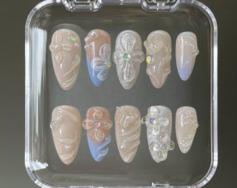 3D Flower Press On Nails: Hand-Painted Y2K Faux Acrylic Nails
