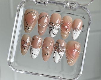 3D Silver Bowknot Press On Nails: Pink French Tip False Nails