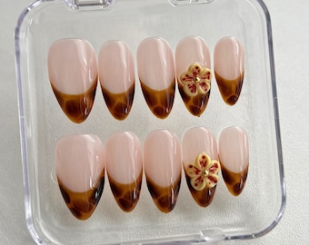 Leopard Print French Tip Press On Nails with Orchid Accent