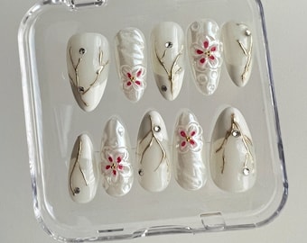 Pear White French 3D Flower Press On Nails: Handmade Faux Acrylic Gel Nails