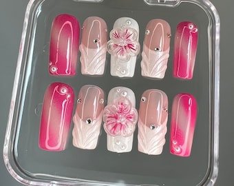 3d pink flora french nails / silver white hand painted nail /custom press on nails/ hand made Press on Nails/Faux Acrylic Nails/ y2k Nail