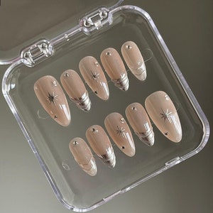 silver chrome French star nails / hand painted nail /custom press on nails/ hand made Press on Nails/Faux Acrylic Nails/ y2k Nail