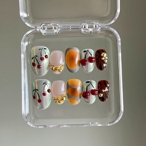 Chrome 3D Cherry Press On Nails: Handmade Faux Acrylic Gel Nails
