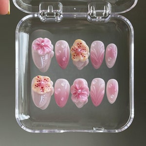 3D Flower Press On Nails: Handmade Faux Acrylic Gel Nails