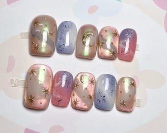 Ombre Star Press On Nails: Y2K Hand-Painted Faux Acrylic