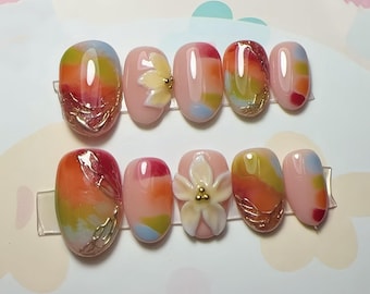 ombre color 3d flower Press On Nails: hand painted custom Nails