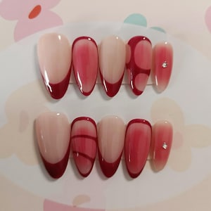 Red Abstract French Tip Press On Nails: Handmade Faux Acrylic Gel Nails