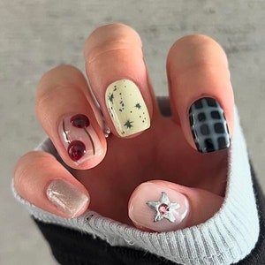 3D Cherry Star Press On Nails: Y2K Hand-Painted Faux Acrylic Nails
