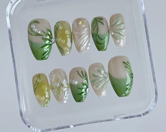 Green Flora Press On Nails: Hand-Painted Y2K Faux Acrylic Nails