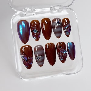 Earthy Brown Crystal Star Press On Nails: Y2K Faux Acrylic Nails