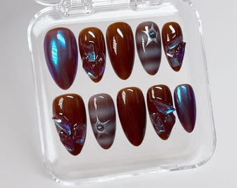 Earthy Brown Crystal Star Press On Nails: Y2K Faux Acrylic Nails