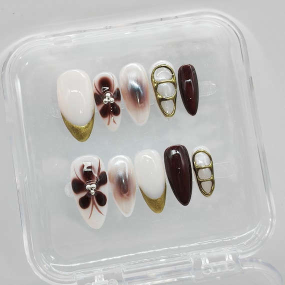 Handmade Press On Nails: Golden Brown French Tip, Y2K Faux Acrylic Nails