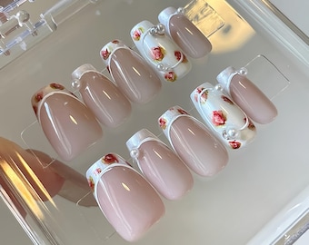 Pearl White Rose French Press On Nails, Hand Painted Floral Nail Set