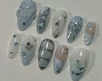blue butterfly y2k aespa nails / hand painted nail /custom press on nails/ hand made Press on Nails/Faux Acrylic Nails/ y2k Nail