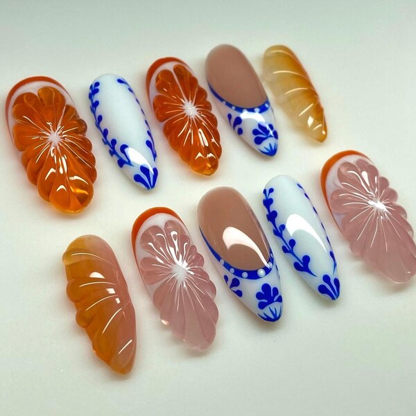 3d orange fruit summer nails / hand painted nail /custom press on nails/ hand made Press on Nails/Faux Acrylic Nails/ y2k Nail