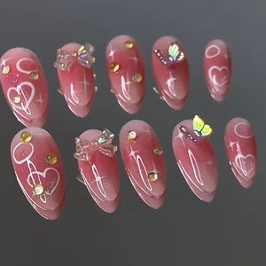 Ombre Pink Butterfly Press On Nails: Handmade Faux Acrylic Gel Nails