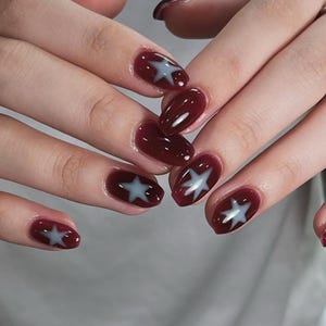 burgundy Star Press On Nails: Handmade Faux Acrylic Gel Nails