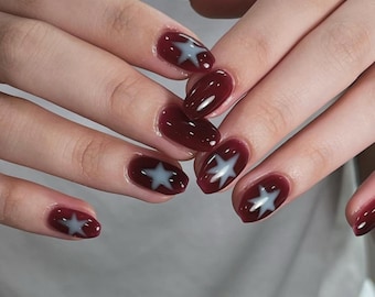 burgundy Star Press On Nails: Handmade Faux Acrylic Gel Nails
