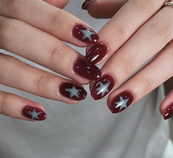 burgundy Star Press On Nails: Handmade Faux Acrylic Gel Nails