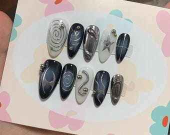 Y2K Silver Star Chrome Press On Nails: Hand Painted Faux Acrylic