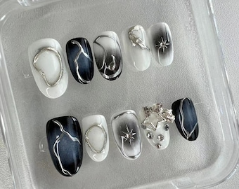 Silver Star Press On Nails: Handmade Faux Acrylic Gel Nails