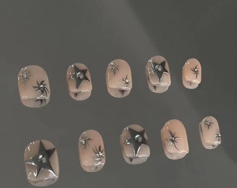 Silver Star Y2K Press On Nails: Hand Painted Aespa Style