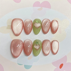 3D Pink Peach Press On Nails: Handmade Faux Acrylic Gel Nails