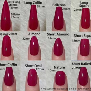 May include: A chart displaying various nail shapes, each painted a vibrant red. The shapes include Extra Long Stiletto (30mm), Long Coffin (28mm), Ballerina (24mm), Long Square (23mm), Long Oval (22mm), Almond (22mm), Short Almond (18mm), Short Square (18mm), Short Coffin (20mm), Short Oval (17mm), Nature (15mm), and Short Ballerina (20mm).