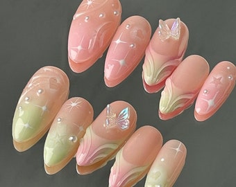 Fairy pink butterfly  french nails / hand painted nail /custom press on nails/ hand made Press on Nails/Faux Acrylic Nails/ y2k Nail