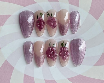 3D Glitter Grape Cat Eye Press On Nails