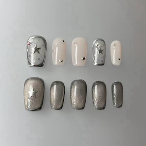 Silver Star Cateye Press On Nails: Handmade Faux Acrylic Gel Nails