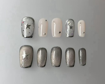 Silver Star Cateye Press On Nails: Handmade Faux Acrylic Gel Nails