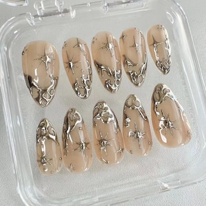 3d gold chrome nail/ custom press on nails/ hand made Press on Nails/Faux Acrylic Nails/ Gel Nails/Press on Nails