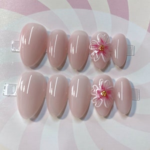 3D Pink Flower Press On Nails: Custom Gel Faux Acrylic Nails