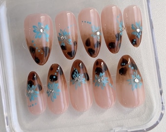 Leopard Print Press On Nails: French Flower Hand Painted Faux Nails