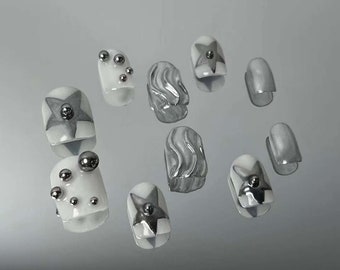 Silver Star Y2K Press On Nails: Hand Painted Faux Acrylic Nails