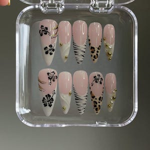 Animal Print French Flower Press On Nails: Custom Gel Acrylic Nails