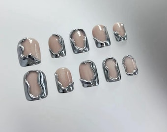 Chrome Press On Nails: 3D Silver Y2K Faux Nails