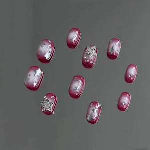 Y2K Pink Ombre Press On Nails: Hand Painted Star Gel Nails