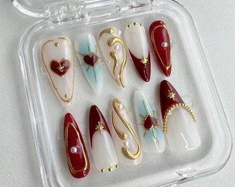 3D Golden Red Heart Press On Nails: Hand-Painted Faux Acrylic Gel Nails