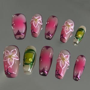 3D Flower Press On Nails: Custom Handmade Gel Faux Acrylic Nails
