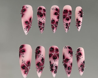 dark red flower Press On Nails: Hand painted Custom Nails