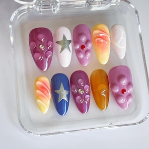 Colorful Graffiti Star Press On Nails: Handmade Faux Acrylic Gel Nails