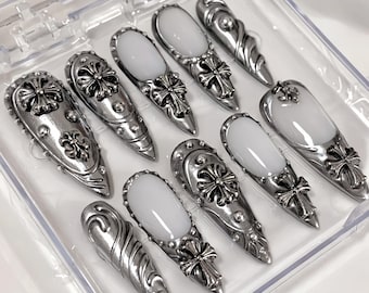 Silver Chrome 3D Cross Nails, Cyber gothic Style Press On Nails, Hand Painted Custom Shape & Size, Reusable Salon Quality Nail Set