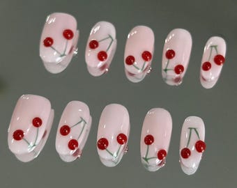 3D Cherry Press On Nails: Hand Painted Faux Acrylic Gel