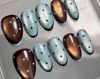 cat eye polka dot hand painted Press On Nails: Custom Handmade Nails