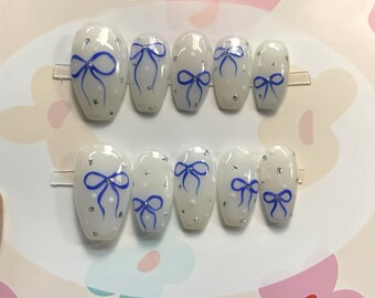 Blue Bowknot Press On Nails: Hand-Painted Y2K Faux Acrylic Nails