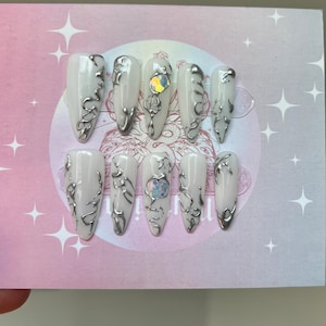 3D Chrome Press On Nails: Y2K Hand-Painted Faux Nails