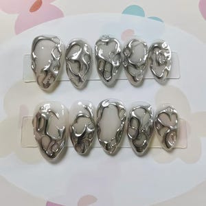 3D Silber Chrom Press On Nails: Handgemachte Kunstacrylgelnägel